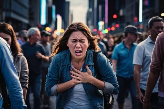 Foto de uma mulher andando em rua movimentada com a sensação de ansedade. Ela leva as duas mãos ao peito, como se tivesse tendo uma crise de ansiedade. A foto ilustra o artigo O que é a ansiedade, como controlá-la e quais são seus principais sintomas escrito pelo psicanalista Homero Monaco para o blog do site Online Psicanalista.